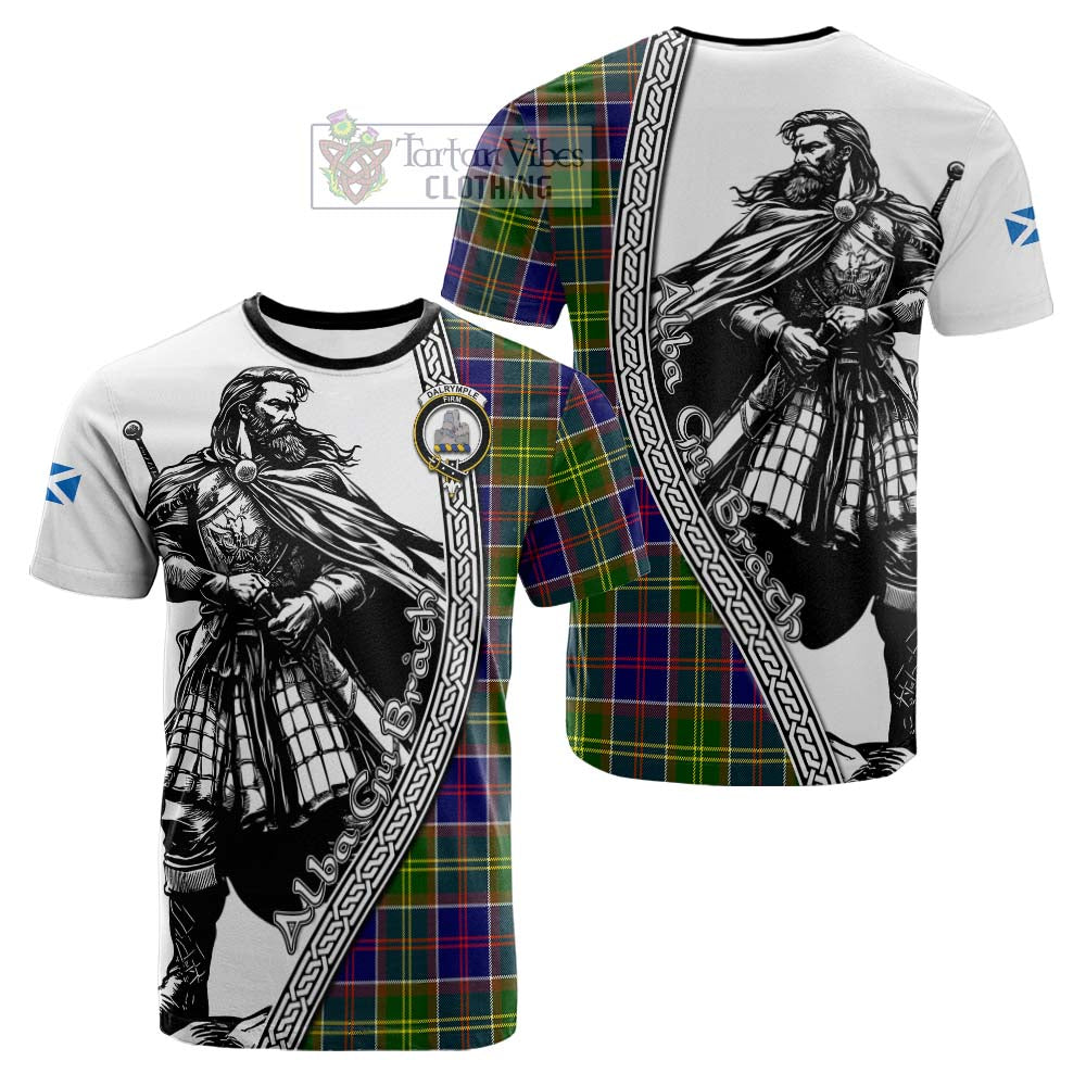 Dalrymple Tartan Clan Crest Cotton T-shirt with Highlander Warrior Celtic Style