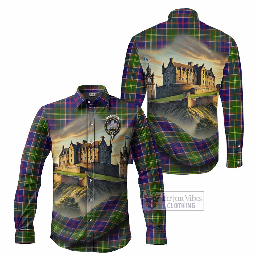 Tartan Vibes Clothing Dalrymple Tartan Family Crest Long Sleeve Button Shirt with Scottish Ancient Castle Style