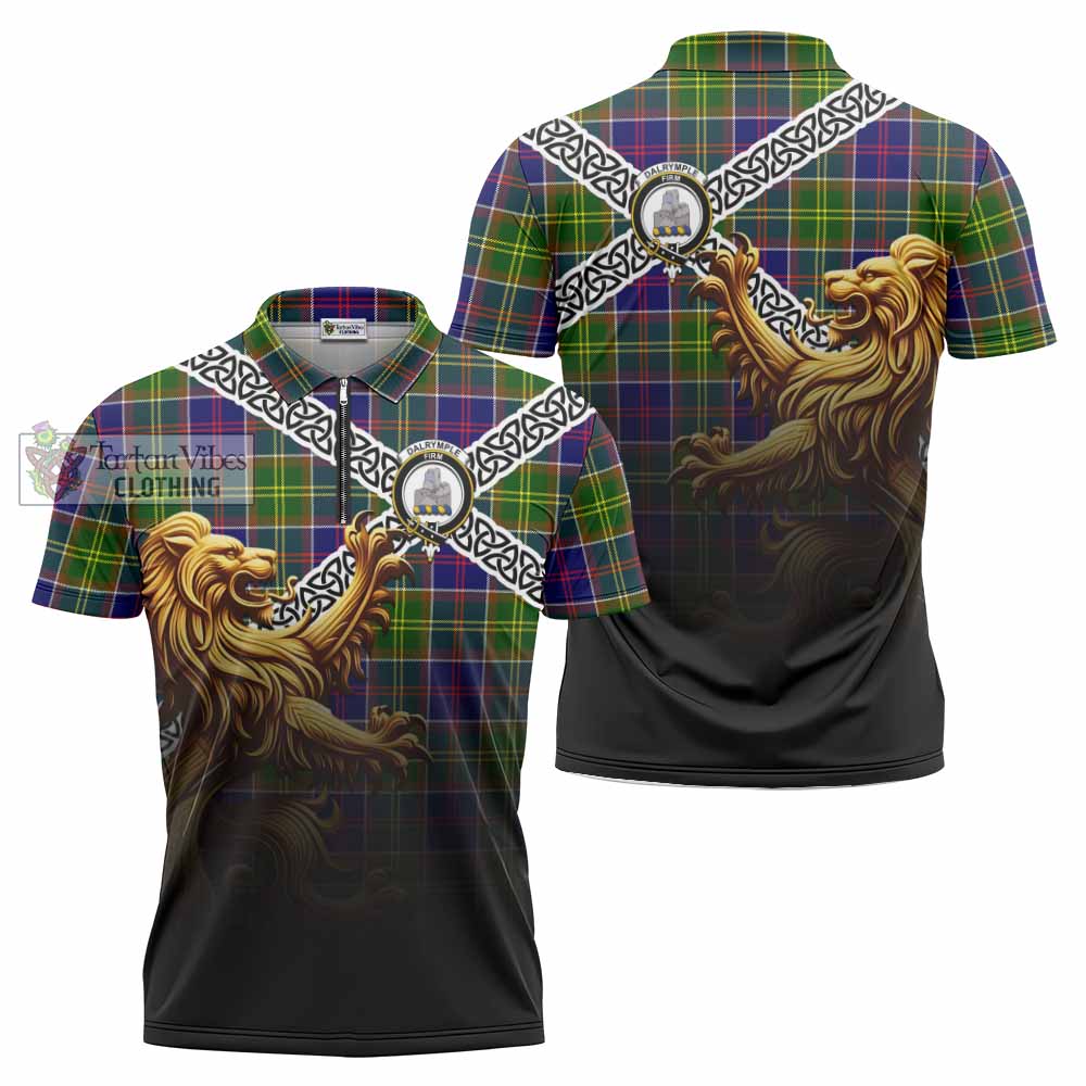 Dalrymple Crest Tartan Zipper Polo Shirt with Golden Lion Emblem Celtic Style - Tartan Vibes Clothing