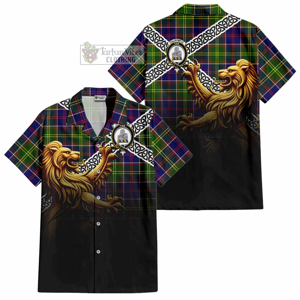 Tartan Vibes Clothing Dalrymple Crest Tartan Short Sleeve Button Shirt with Golden Lion Emblem Celtic Style