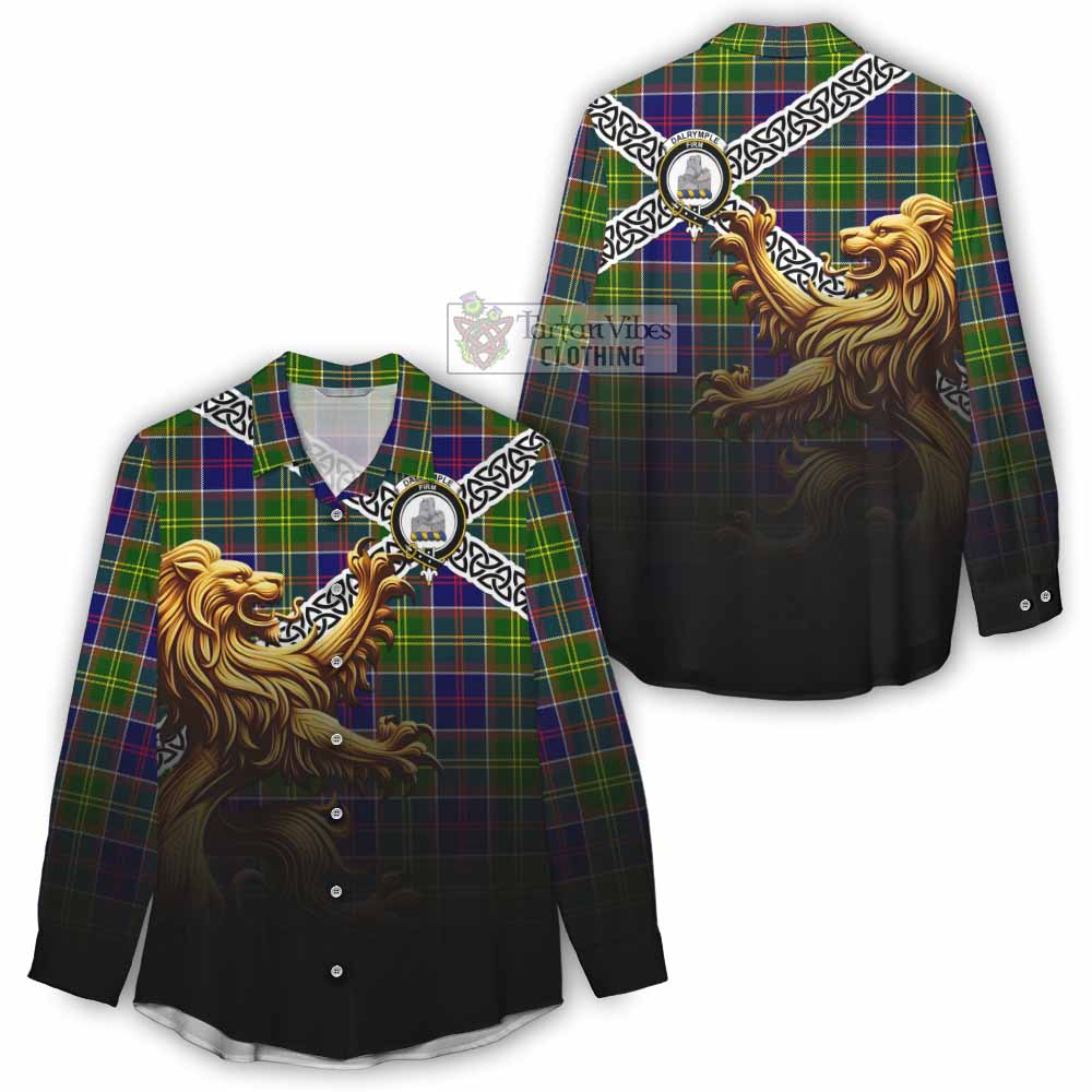 Tartan Vibes Clothing Dalrymple Crest Tartan Women's Casual Shirt with Golden Lion Emblem Celtic Style