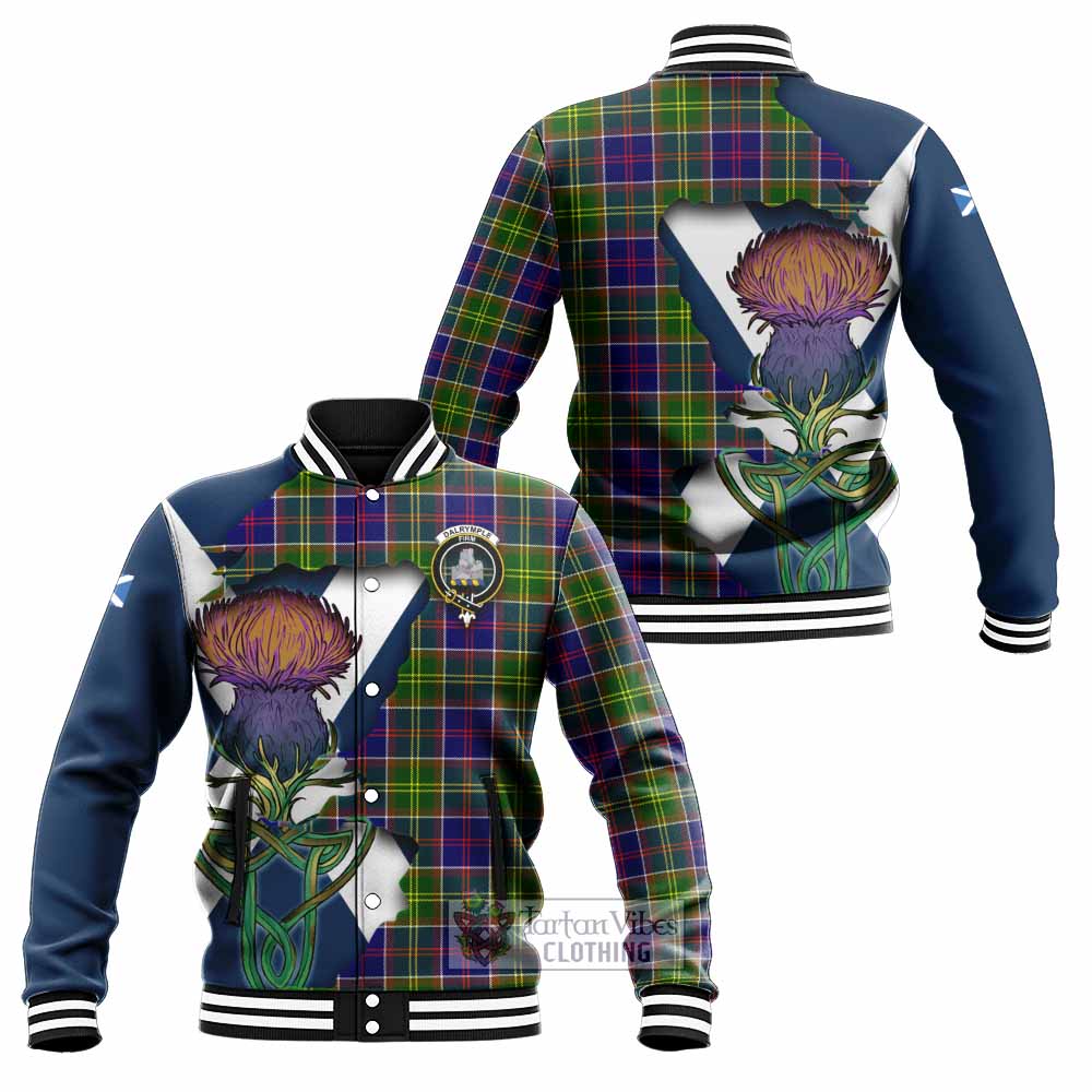 Tartan Vibes Clothing Dalrymple Tartan Family Crest Baseball Jacket Scottish Thistle Celtic Inspired