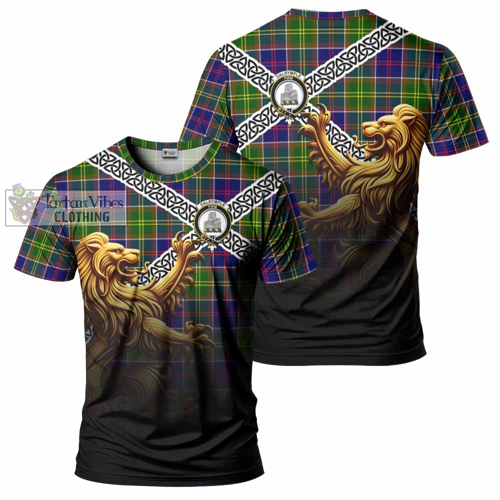 Tartan Vibes Clothing Dalrymple Crest Tartan T-Shirt with Golden Lion Emblem Celtic Style