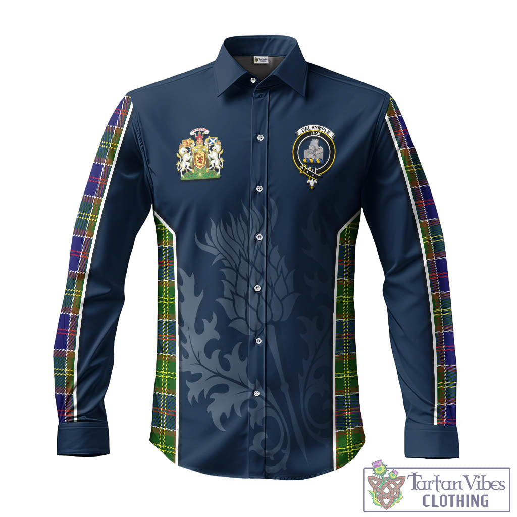 Tartan Vibes Clothing Dalrymple Tartan Long Sleeve Button Up Shirt with Family Crest and Scottish Thistle Vibes Sport Style