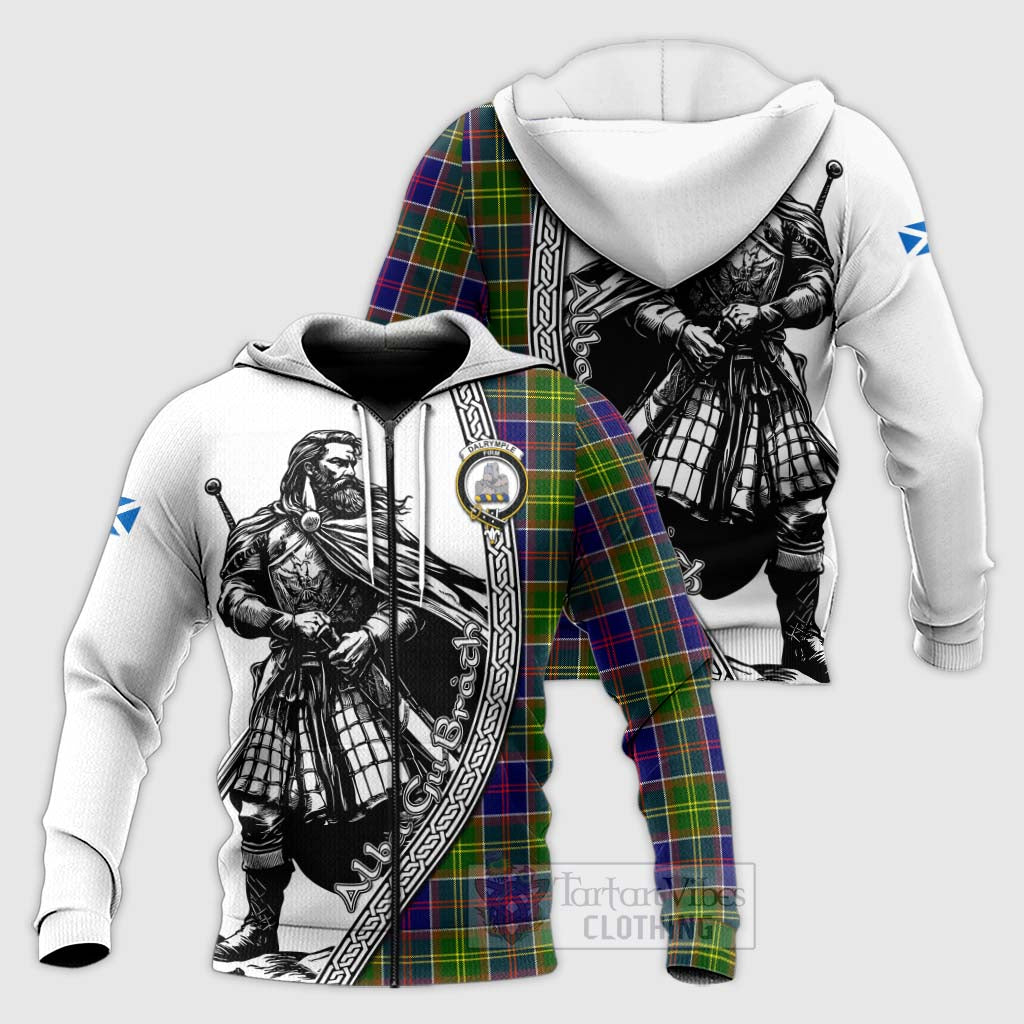 Dalrymple Tartan Clan Crest Knitted Hoodie with Highlander Warrior Celtic Style Unisex Knitted Zip Hoodie - Tartan Vibes Clothing