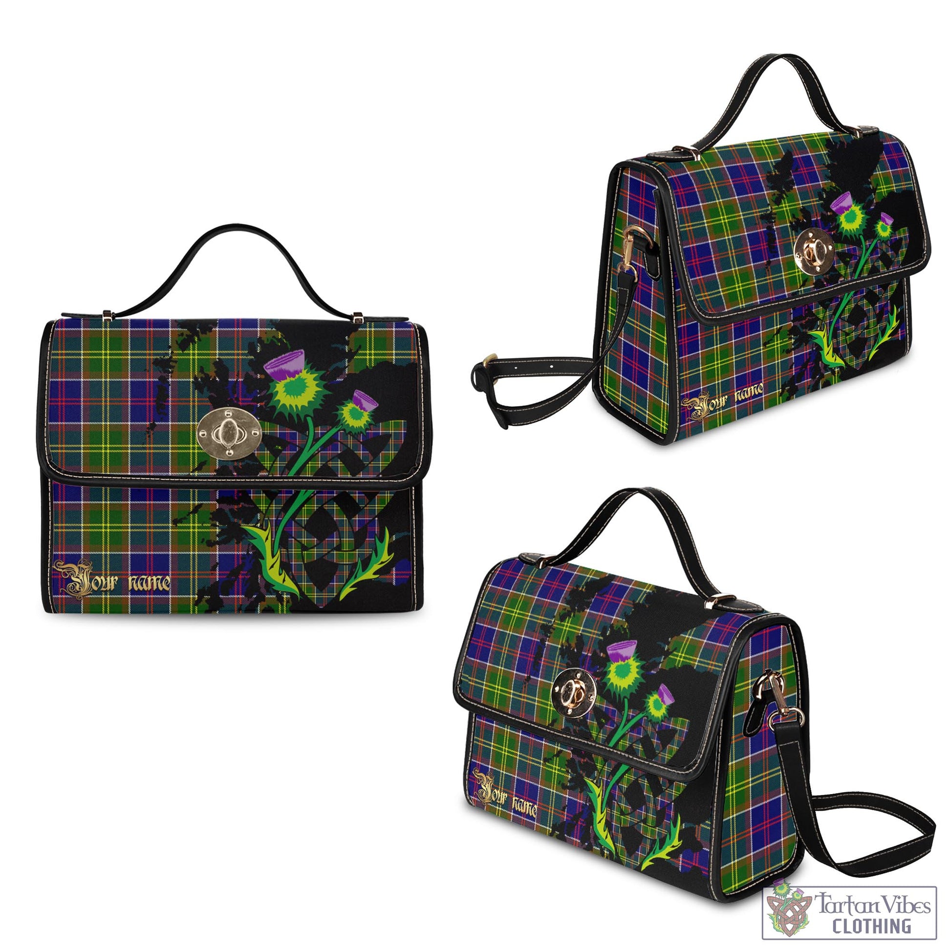 Tartan Vibes Clothing Dalrymple Tartan Waterproof Canvas Bag with Scotland Map and Thistle Celtic Accents