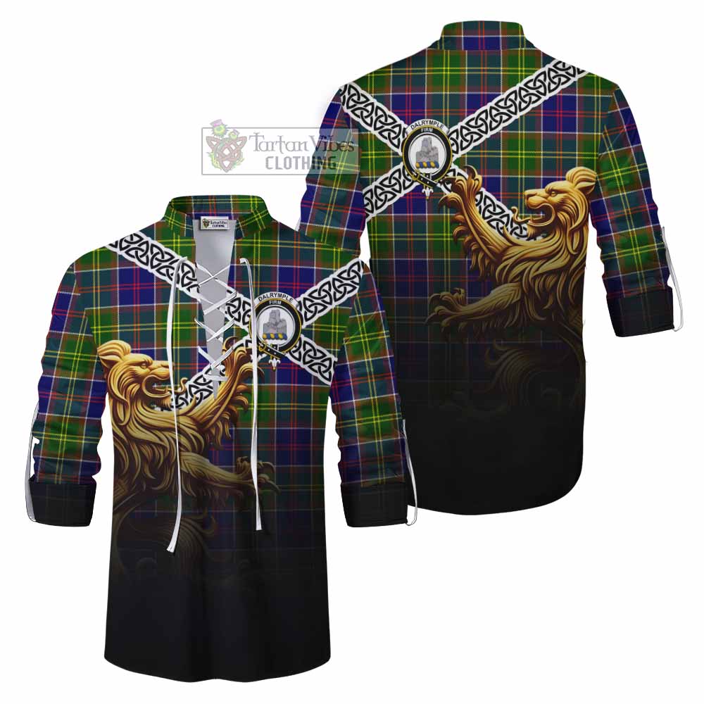 Tartan Vibes Clothing Dalrymple Crest Tartan Ghillie Kilt Shirt with Golden Lion Emblem Celtic Style