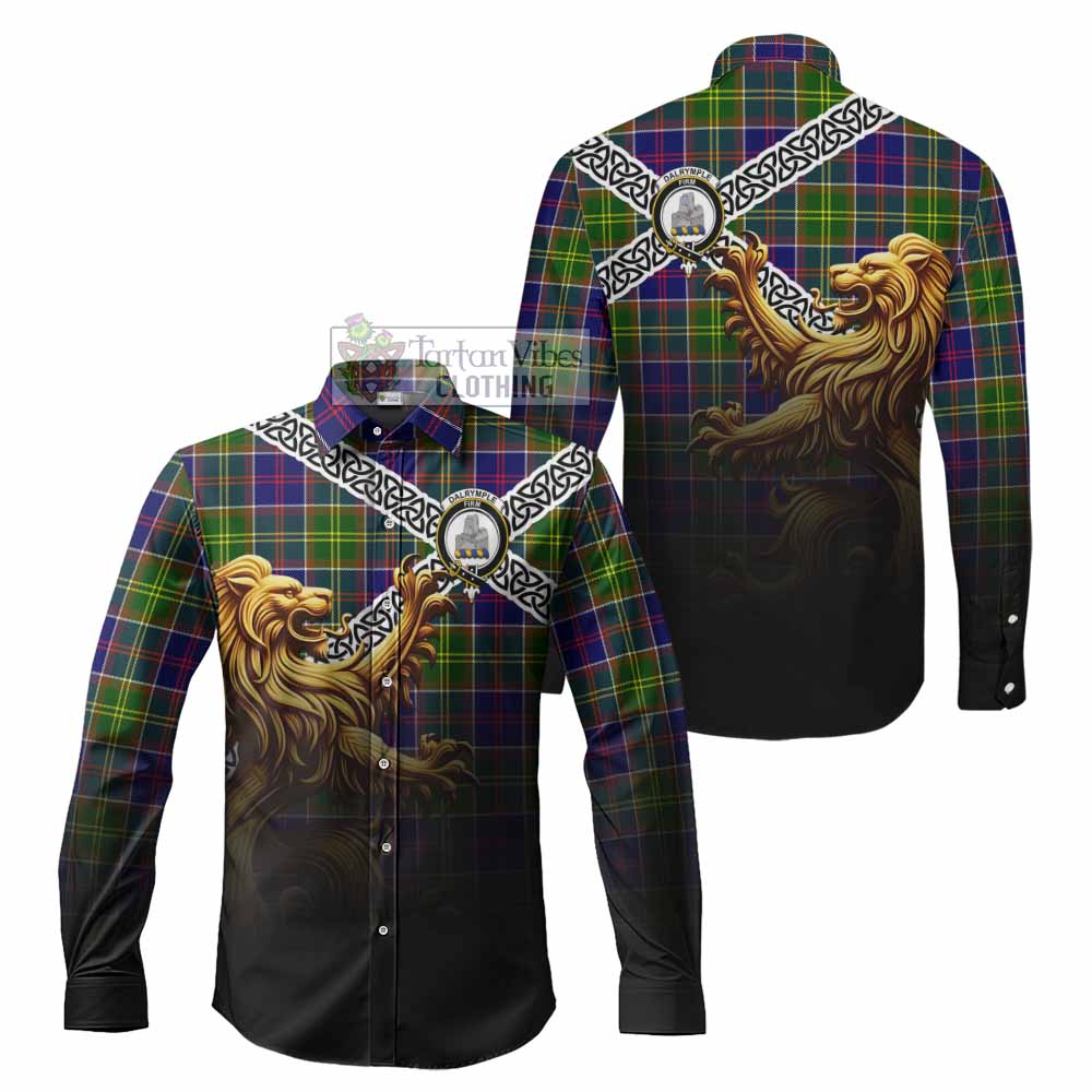 Tartan Vibes Clothing Dalrymple Crest Tartan Long Sleeve Button Shirt with Golden Lion Emblem Celtic Style