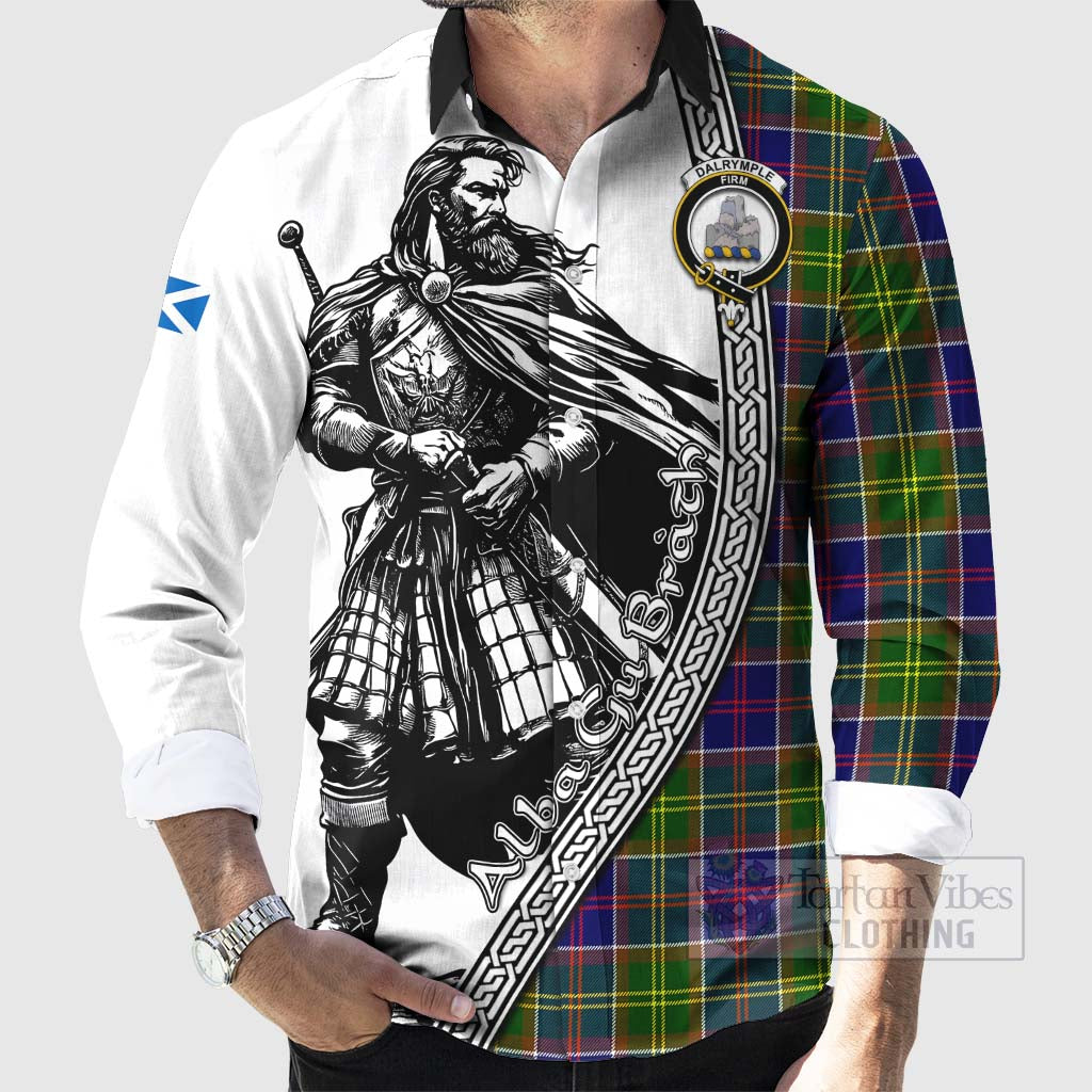 Dalrymple Tartan Clan Crest Long Sleeve Button Shirt with Highlander Warrior Celtic Style - Tartan Vibes Clothing