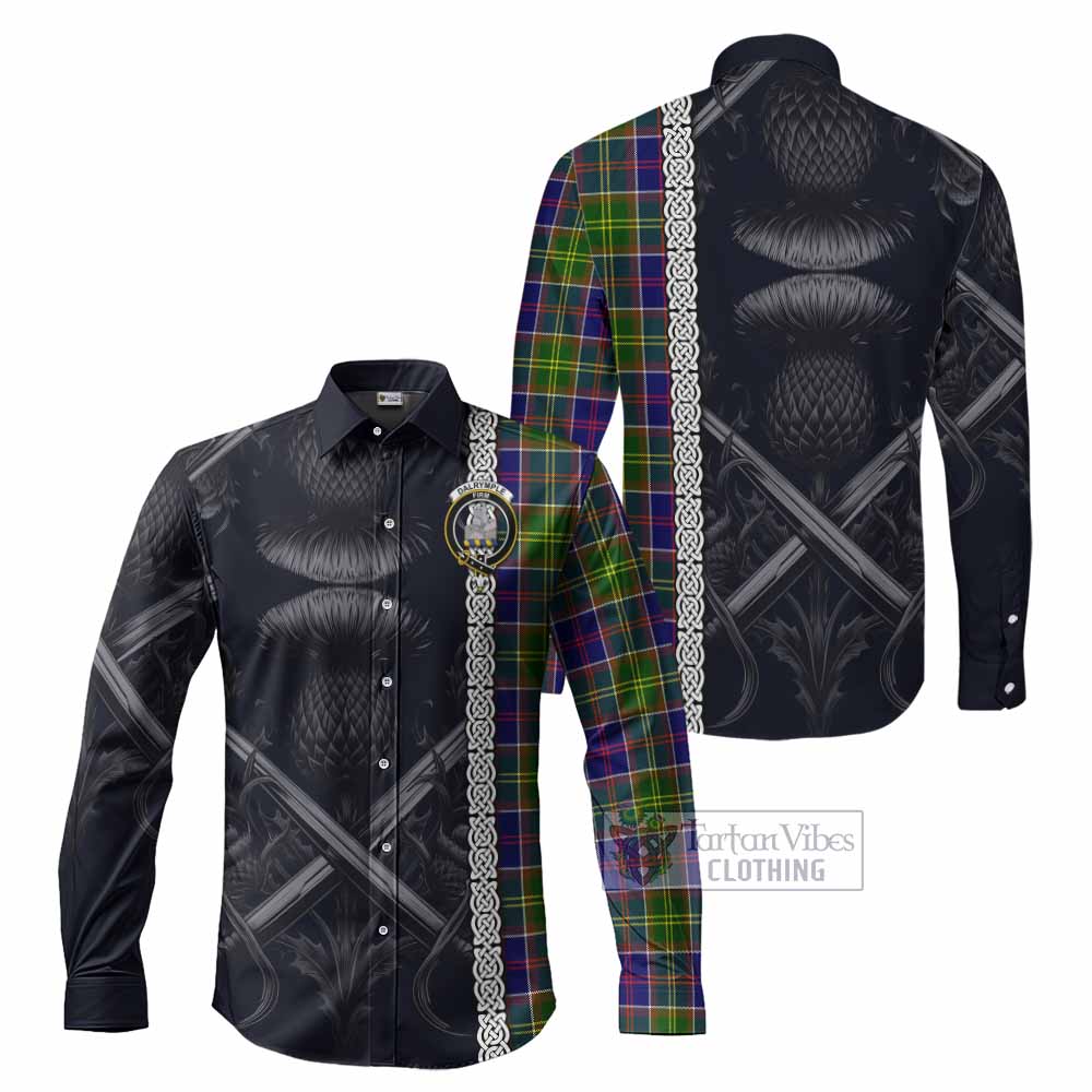Tartan Vibes Clothing Dalrymple Tartan Long Sleeve Button Shirt with Family Crest Cross Sword Thistle Celtic Vibes
