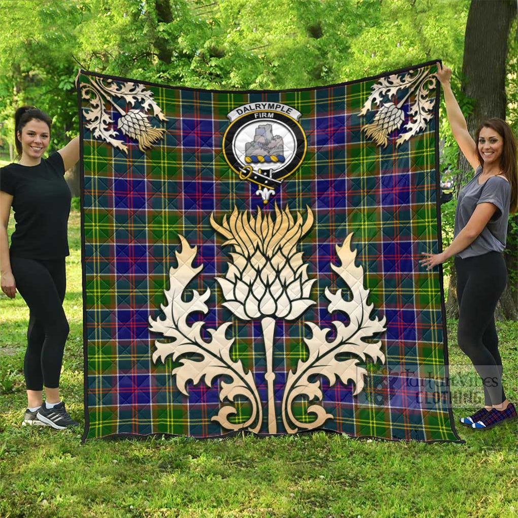 Tartan Vibes Clothing Dalrymple Tartan Quilt with Family Crest and Golden Thistle Style