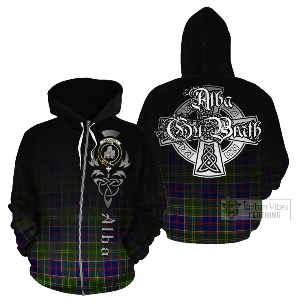 Tartan Vibes Clothing Dalrymple Tartan Cotton Hoodie Featuring Alba Gu Brath Family Crest Celtic Inspired