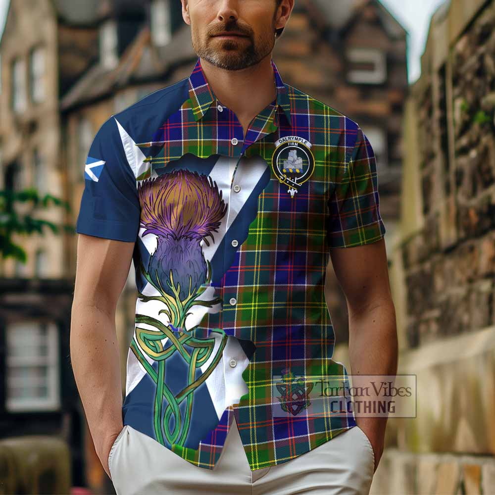 Tartan Vibes Clothing Dalrymple Tartan Family Crest Short Sleeve Button Shirt Scottish Thistle Celtic Inspired