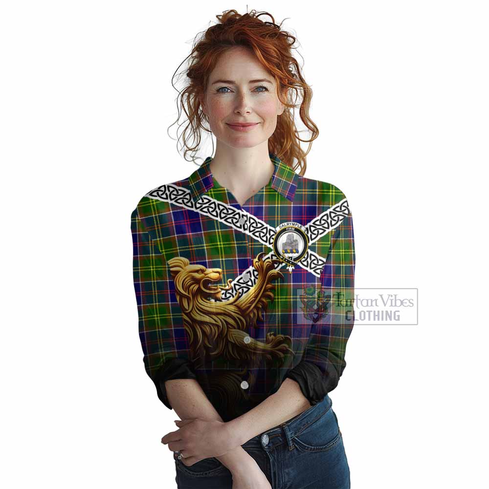 Tartan Vibes Clothing Dalrymple Crest Tartan Women's Casual Shirt with Golden Lion Emblem Celtic Style