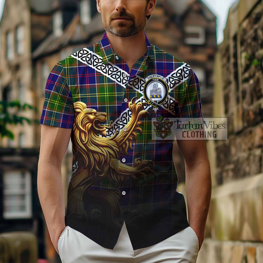 Tartan Vibes Clothing Dalrymple Crest Tartan Short Sleeve Button Shirt with Golden Lion Emblem Celtic Style