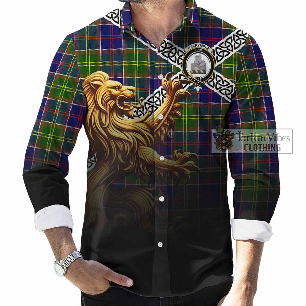 Tartan Vibes Clothing Dalrymple Crest Tartan Long Sleeve Button Shirt with Golden Lion Emblem Celtic Style