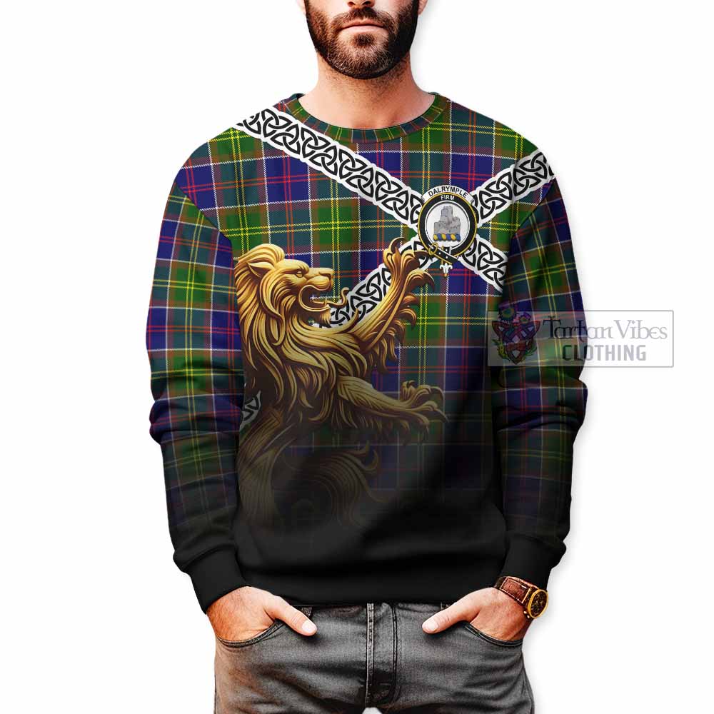 Tartan Vibes Clothing Dalrymple Crest Tartan Sweatshirt with Golden Lion Emblem Celtic Style