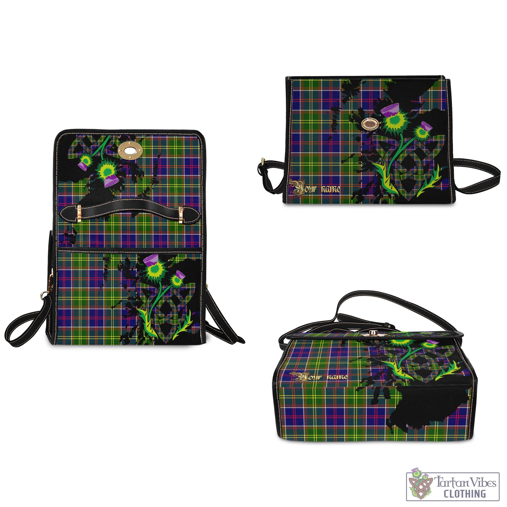 Tartan Vibes Clothing Dalrymple Tartan Waterproof Canvas Bag with Scotland Map and Thistle Celtic Accents