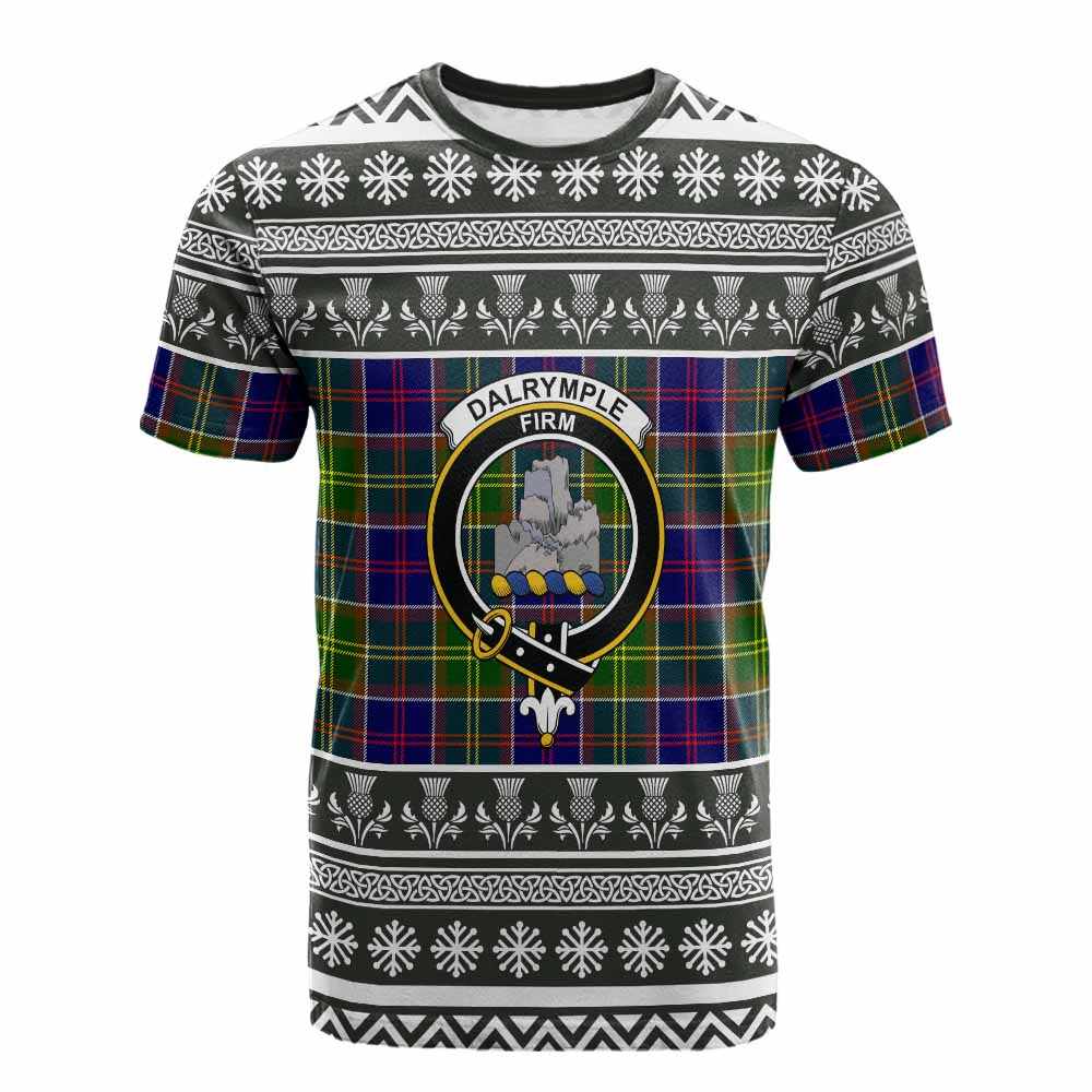 Dalrymple Clan Tartan Christmas Cotton T-shirt with Family Crest - Tartan Vibes Clothing
