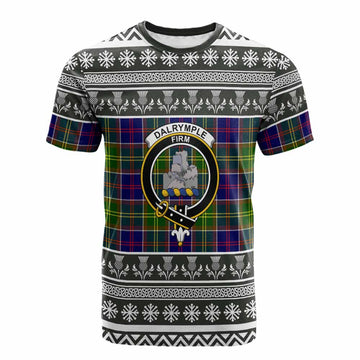 Dalrymple Clan Tartan Christmas Cotton T-shirt with Family Crest
