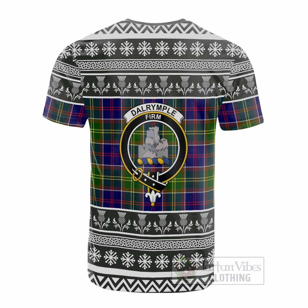 Dalrymple Clan Tartan Christmas Cotton T-shirt with Family Crest - Tartan Vibes Clothing