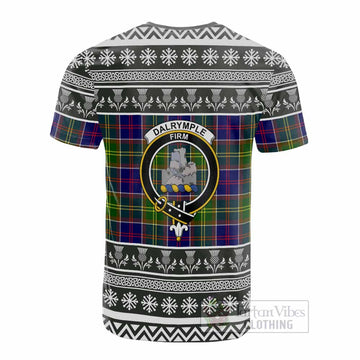 Dalrymple Clan Tartan Christmas Cotton T-shirt with Family Crest