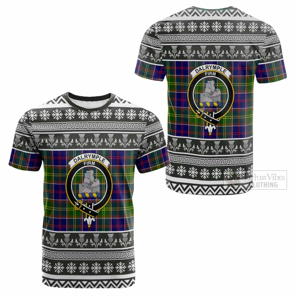 Dalrymple Clan Tartan Christmas Cotton T-shirt with Family Crest - Tartan Vibes Clothing