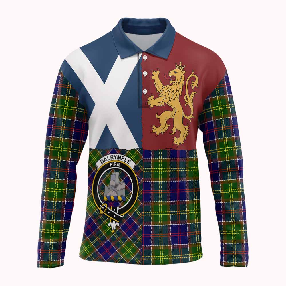 Dalrymple Crest Tartan Long Sleeve Polo Shirt with Lion Rampant Saltire Style