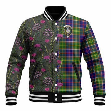 Dalrymple Family Crest Tartan Baseball Jacket Scottish Thistle Flower Pattern Half Style