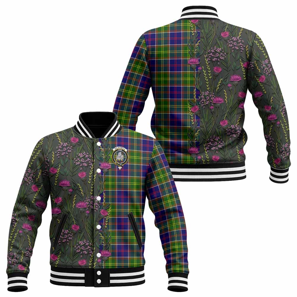 Dalrymple Family Crest Tartan Baseball Jacket Scottish Thistle Flower Pattern Half Style - Tartan Vibes Clothing