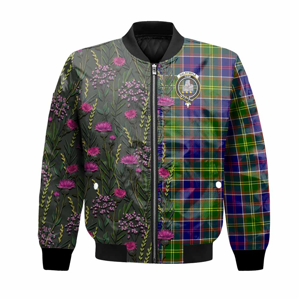 Dalrymple Family Crest Tartan Bomber Jacket Scottish Thistle Flower Pattern Half Style - Tartan Vibes Clothing