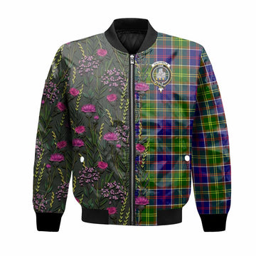 Dalrymple Family Crest Tartan Bomber Jacket Scottish Thistle Flower Pattern Half Style