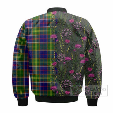 Dalrymple Family Crest Tartan Bomber Jacket Scottish Thistle Flower Pattern Half Style