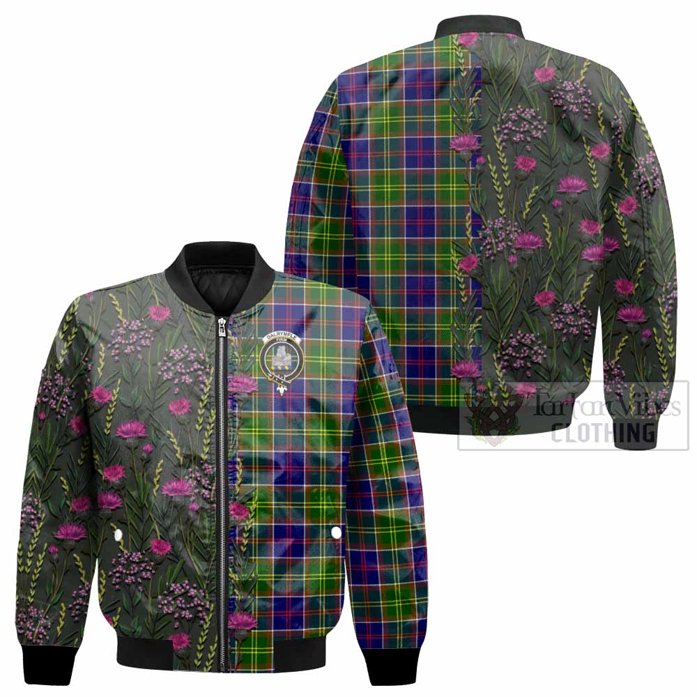 Dalrymple Family Crest Tartan Bomber Jacket Scottish Thistle Flower Pattern Half Style - Tartan Vibes Clothing