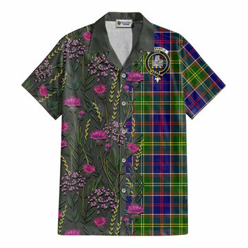 Dalrymple Family Crest Tartan Cotton Hawaiian Shirt Scottish Thistle Flower Pattern Half Style