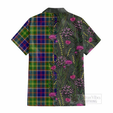 Dalrymple Family Crest Tartan Cotton Hawaiian Shirt Scottish Thistle Flower Pattern Half Style