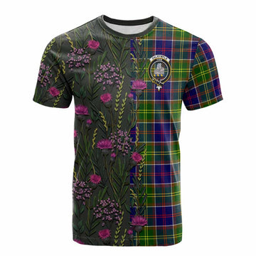 Dalrymple Family Crest Tartan Cotton T-shirt Scottish Thistle Flower Pattern Half Style