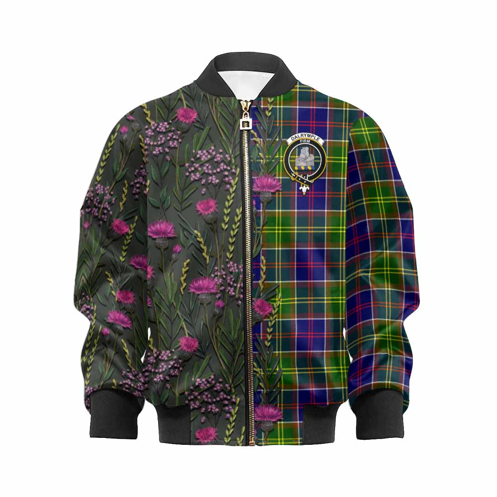 Dalrymple Family Crest Tartan Kid Bomber Jacket Scottish Thistle Flower Pattern Half Style - Tartan Vibes Clothing