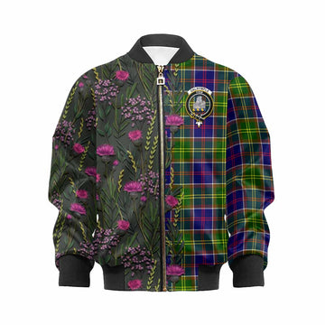 Dalrymple Family Crest Tartan Kid Bomber Jacket Scottish Thistle Flower Pattern Half Style