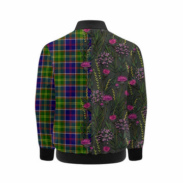 Dalrymple Family Crest Tartan Kid Bomber Jacket Scottish Thistle Flower Pattern Half Style