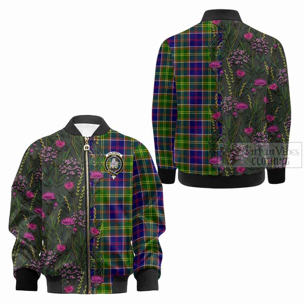 Dalrymple Family Crest Tartan Kid Bomber Jacket Scottish Thistle Flower Pattern Half Style - Tartan Vibes Clothing