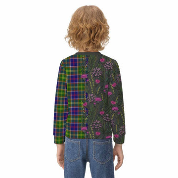 Dalrymple Family Crest Tartan Kid Knitted Sweatshirt Scottish Thistle Flower Pattern Half Style