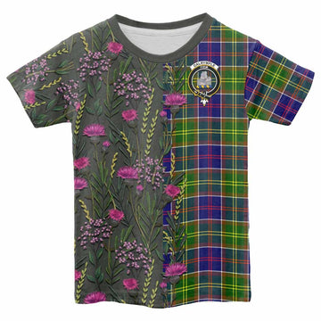 Dalrymple Family Crest Tartan Kid T-shirt Scottish Thistle Flower Pattern Half Style
