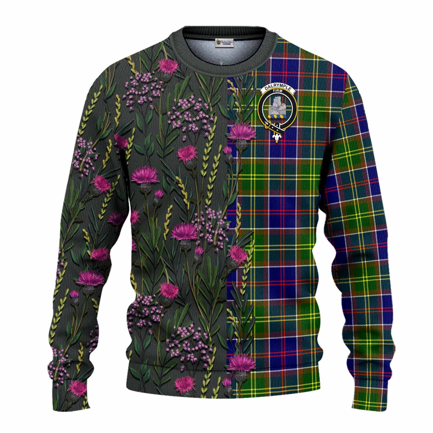 Dalrymple Family Crest Tartan Knitted Sweater Scottish Thistle Flower Pattern Half Style - Tartan Vibes Clothing