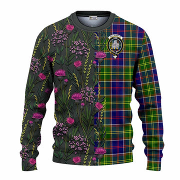 Dalrymple Family Crest Tartan Knitted Sweater Scottish Thistle Flower Pattern Half Style