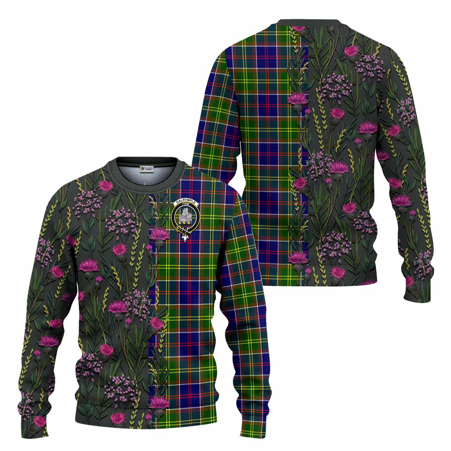 Dalrymple Family Crest Tartan Knitted Sweater Scottish Thistle Flower Pattern Half Style - Tartan Vibes Clothing