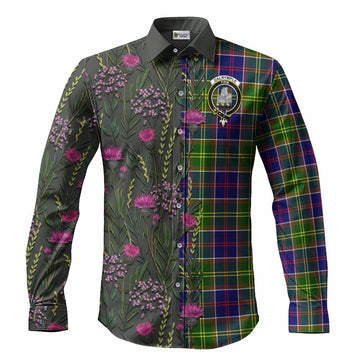 Dalrymple Family Crest Tartan Long Sleeve Button Shirts Scottish Thistle Flower Pattern Half Style