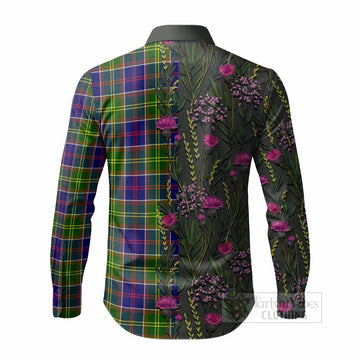 Dalrymple Family Crest Tartan Long Sleeve Button Shirts Scottish Thistle Flower Pattern Half Style