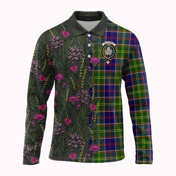 Dalrymple Family Crest Tartan Long Sleeve Polo Shirt Scottish Thistle Flower Pattern Half Style