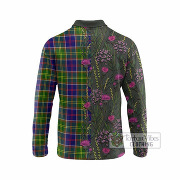 Dalrymple Family Crest Tartan Long Sleeve Polo Shirt Scottish Thistle Flower Pattern Half Style
